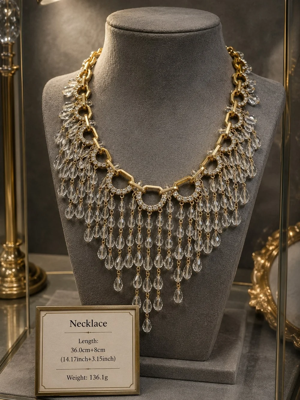 Statement Gold Necklace with Clear Crystal Fringe - Women's Jewelry